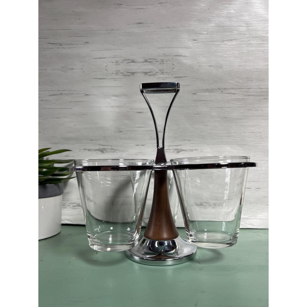 Vintage Chrome Glass Condiment Holder Faux Wood